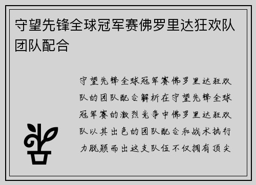 守望先锋全球冠军赛佛罗里达狂欢队团队配合