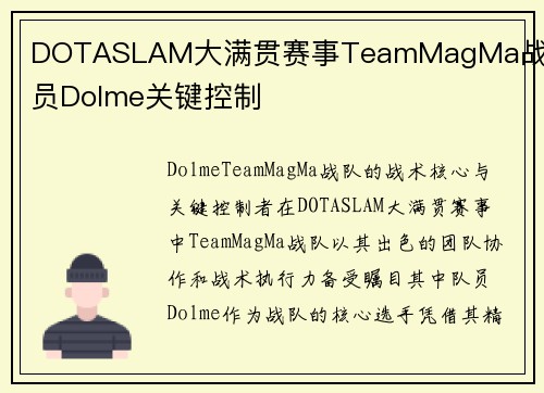DOTASLAM大满贯赛事TeamMagMa战队队员Dolme关键控制